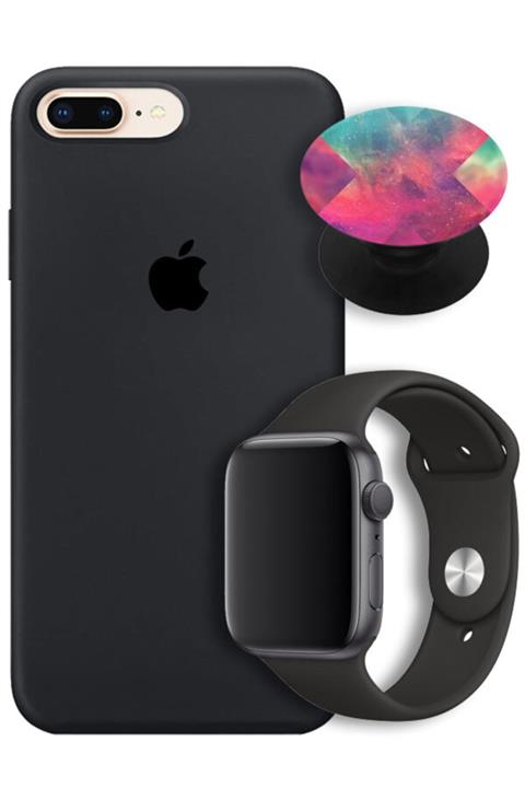 Apple Watch 1 38 Mm Silikon Kordon + Iphone 7 Plus Uyumlu Lansman Logolu Siyah Kılıf + Popsocket