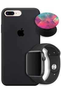 Apple Watch 1 38 Mm Silikon Kordon + Iphone 7 Plus Uyumlu Lansman Logolu Siyah Kılıf + Popsocket