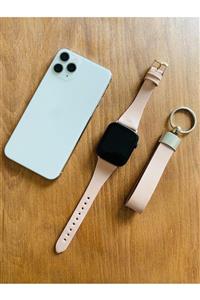 Yaydan Deri Aksesuar Apple Watch 38-40 mm Uyumlu Pudra Pembe Deri Kordon ve Bileklik