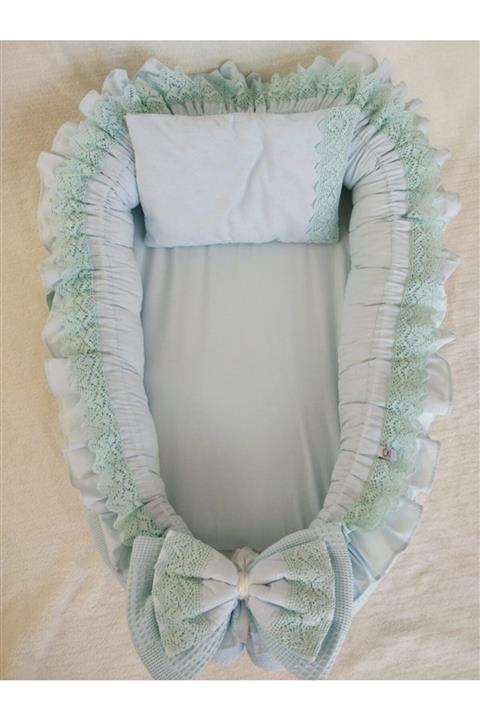 Raduga Collection % 100 Pamuklu Waffle Pike, Poplin Kumaş Dantelli Ve Fırfırlı Babynest + Yastık Mint