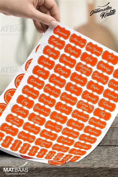 colortouch 107 Adet Turuncu Baharat Bakliyat Kuruyemiş Kavanoz Sticker Etiket