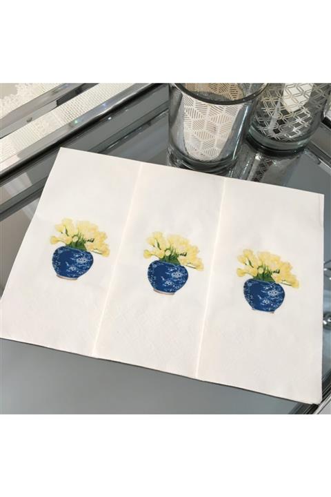 busrasdesign Sarıçiçekli Bleu Blanc Sunum Peçetesi 20li