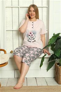 Mossta Kadın Pembe Flowers Kaprili Büyük Beden Pijama Takımı