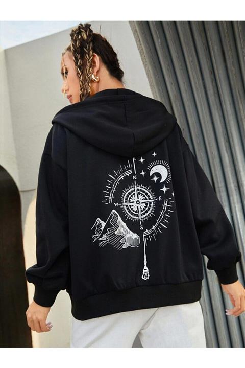 Trendseninle Kadın Siyah Oversize Pusula Sırt Baskılı Hırka Sweatshirt