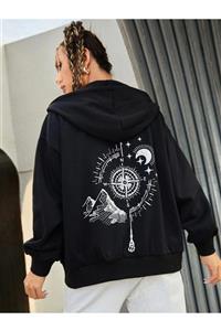 Trendseninle Kadın Siyah Oversize Pusula Sırt Baskılı Hırka Sweatshirt