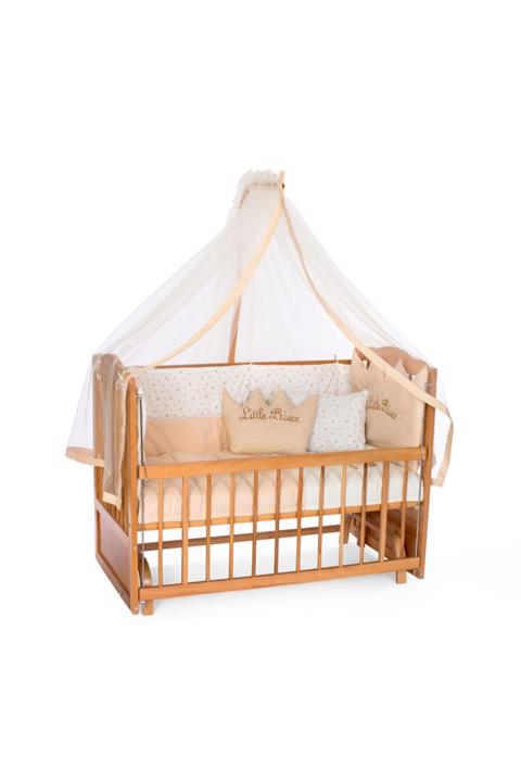 Heyner Ahşap Beşik Anne Yanı Beşik Sallanır Beşik Meşe 60x120 + Krem Prens ( Erkek ) Uyku Seti + Yatak