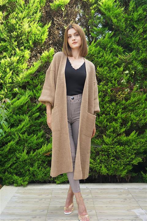 Caroline Factory Camel Balon Kollu Uzun Kadın Triko Hırka