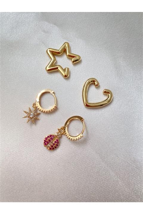 Lumière & Co. Dörtlü Küpe Seti Çelik Zirkon Taş Cuff