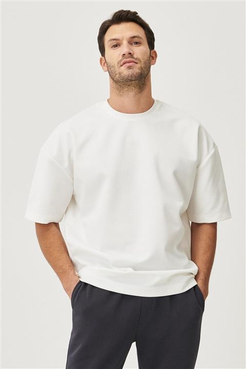 AC&Co / Altınyıldız Classics Erkek Beyaz Günlük Rahat Yuvarlak Yaka Kısa Kollu Oversize Sweatshirt