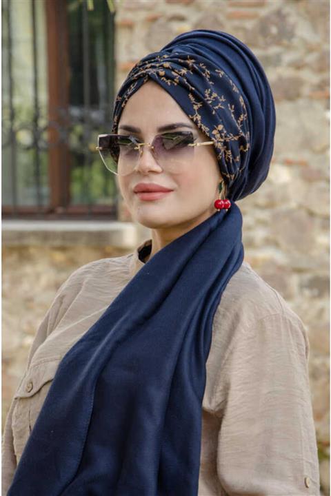 Aişe tesettür Lacivert Taba Desenli Hazır Şal