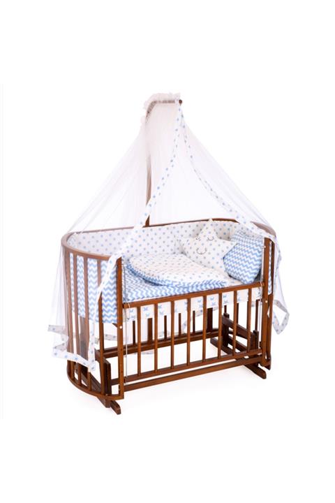 Carino Wins Ceviz Renk Ahşap Anne Yanı Sallanan Beşik + Mavi Bebek Uyku Seti + Yatak