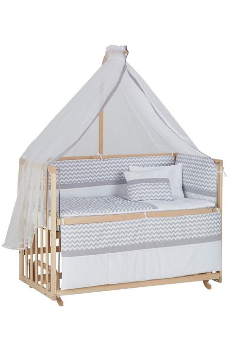 Baby Tech 60x120 Naturel Boyasız 4 Kademeli Beşik + Gri Zikzak Uyku Seti