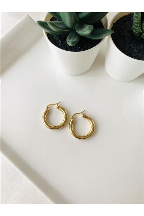 LİLY TAKI VE AKSESUAR ÜRÜNLERİ Orta Boy Düz Halka Model Gold Renk Bayan Çelik Küpe