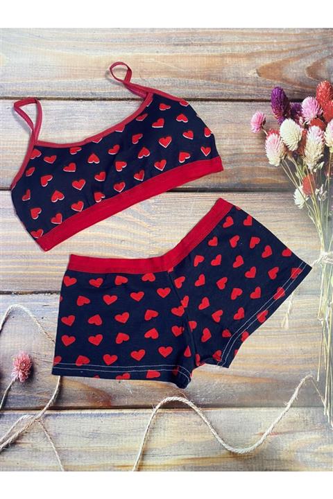 TALAS Kadın Büstiyer Şortlu Takım Kalp Desen