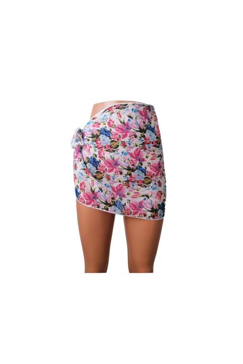 ACUN TEKSTİL Kadın Beyaz Pembe Mavi Karışık Çiçek Desenli Mini Pareo