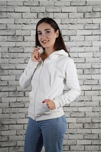 SeSi Kadın Ekru Fermuarlı Kanguru Cepli Kapişonlu Sweatshirt