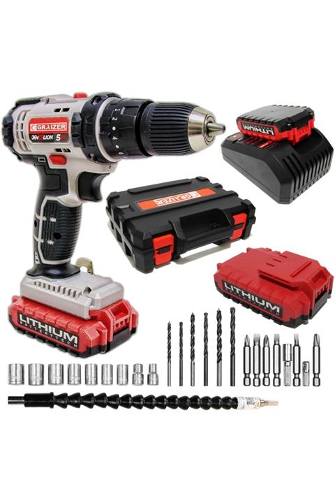 Graizer Alman 36 V 5 Ah Darbeli Metal Dişli Çift Akülü Şarjlı Vidalama Matkap + 24 Parça Usta Set Sta Gray