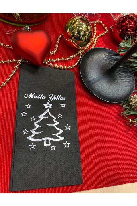 kidspartim Gold Varaklı Siyah Mutlu Yıllar Çam Ağacı Garson Katlama Peçete