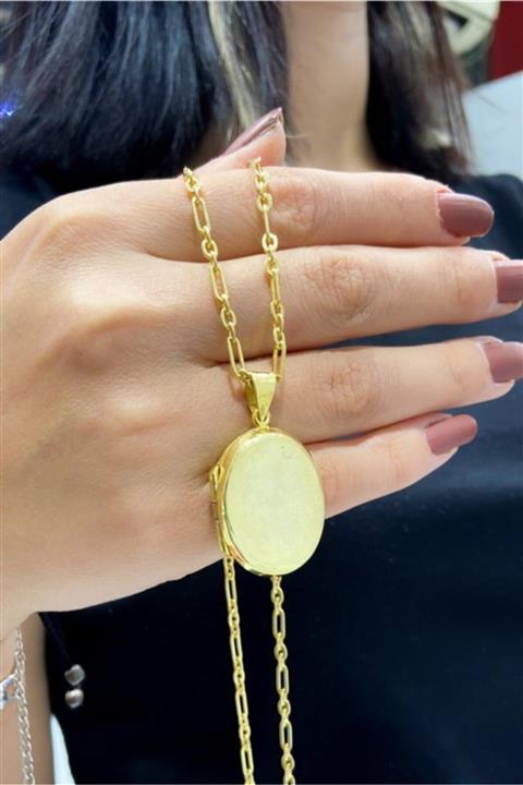 MaGümüş Altın Kaplama Resim Kapaklı Uzun Rustik Zincir 925 Gümüş Kolye