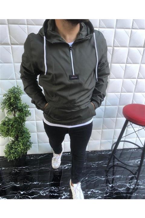 MARKA KRALI Erkek Haki Kapşonlu Kanguru Cep Mevsimlik Rüzgarlık Mont