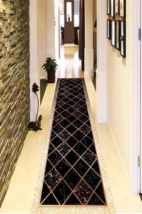 SUNTEKS HOME Dijital Baskı Kaymaz Taban Üçgen Gold Varak Yolluk Halı