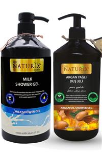 Naturix Organik Argan Yağlı Duş Jeli 1000 Ml + Sütlü Duş Jeli 1000 Ml 2'li Aile Duş Jeli Seti