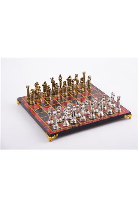 GÇM Sparta Askerleri Lüks Metal Satranç Takımı Krom Kaplama Kırmızı Mermer Desenli Tahta