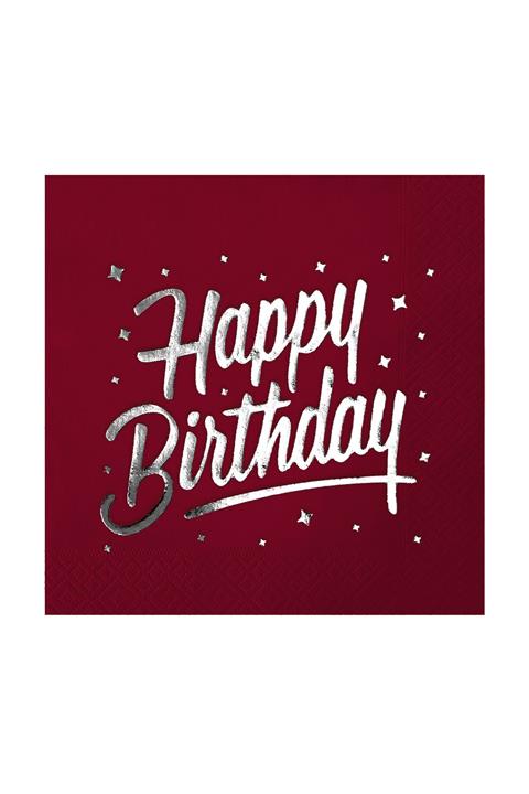 Story 33 X 33 Cm Gümüş Varak Happy Birthday Desenli 16'lı Bordo Renkli Kağıt Peçete