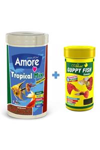 AMORE Tropical Mix 1000 ml ve Ahm Guppy Granulat 250ml Lepistes Moli Kılıç Melek Tetra Tropikal Balık Yemi