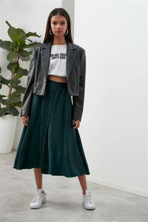 Nottis by Trendyol Petrol Düğmeli Saten Dokuma Etek TWOAW22ET0657