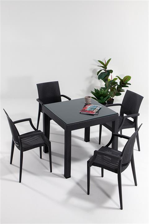 SANDALİE Rattan Camlı Lüx 80x80 Bahçe&balkon&teras Masa Seti - Antrasit