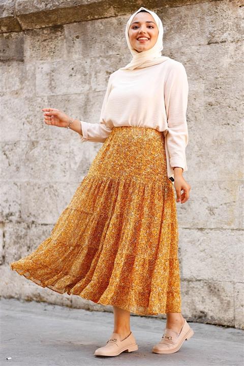 InStyle Lastikli Çıtır Desen Astarlı Şifon Etek - Sarı