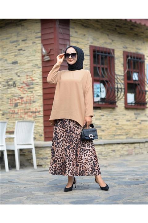 ALLMİRA FASHION Tesettür Leopar Desenli Piliseli Etek