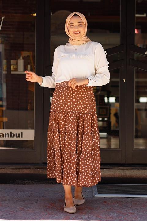 InStyle Puantiyeli Astarlı Şifon Etek - Taba