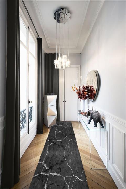 Jungle Siyah Mermer Desenli Kaymaz Tabanlı Dijital Baskılı Yolluk