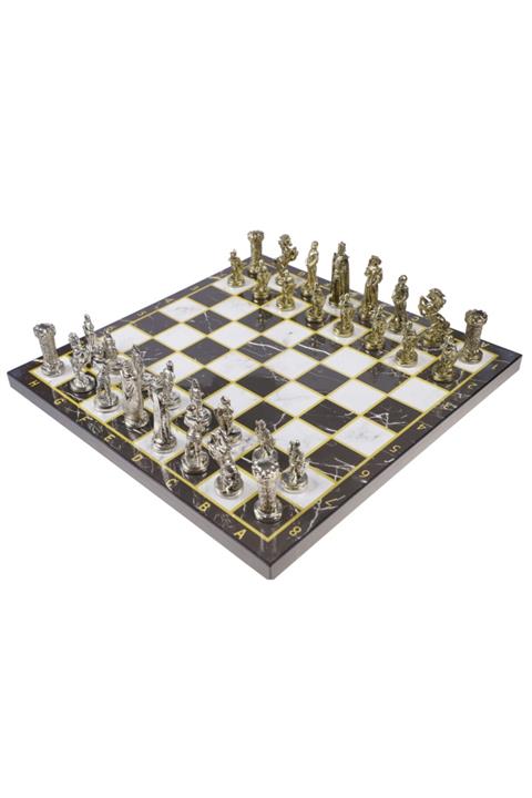 elife Lüks Metal Satranç Takımı Krom Kaplama Bizans Ordusu Gold Set & Siyah Mermer Desenli Tahta