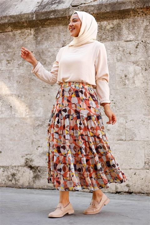 InStyle Sarmaşık Desen Astarlı Şifon Etek - Somon