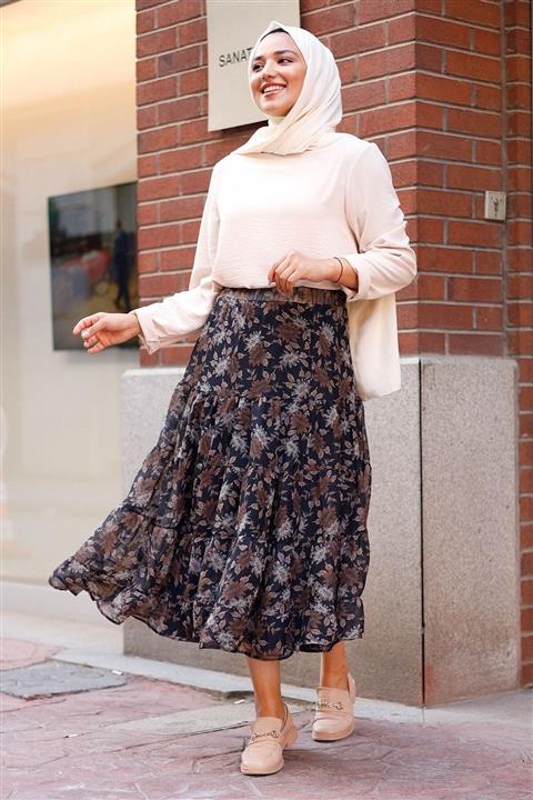 InStyle Büyük Çiçekli Astarlı Şifon Etek - Kahve