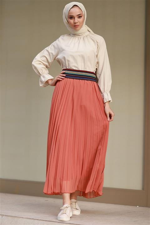 InStyle Pileli Şifon Etek - Nar Çiçeği