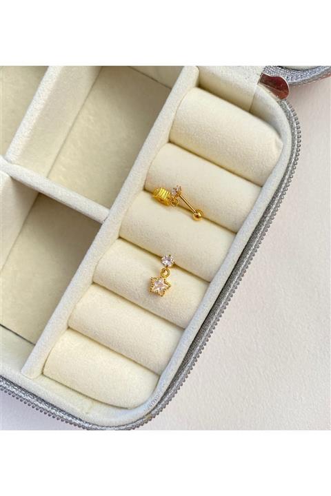 Mien Store Kadın Gold Rengi Cerrahi Çelik Taşlı Sallantılı Yıldız Tragus Kıkırdak Piercing 6mm