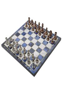 CİMCİME OYUNCAK Co-kls1 Lüks Metal Satranç Takımı Krom Kaplama Klasik Figür Bronz Set & Gök Mavi Mermer Desenli Taht