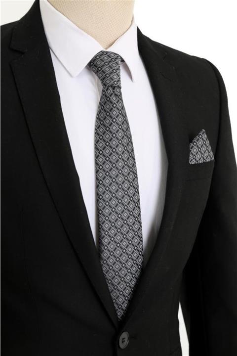Brianze Gri Siyah Geometrik Desen Kravat Mendil Set