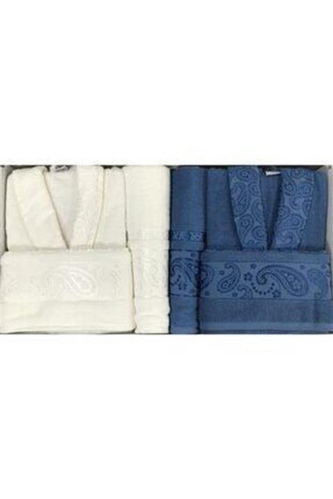 Fiesta Unisex Mavi Ekru Aile Bornoz Takımı