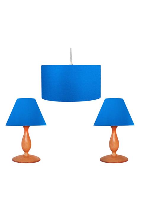 Merve Abajur Aydınlatma Mavi Ahşap Yatak Odası Set Naturel