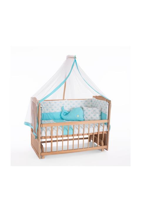 Heyner Ahşap Beşik Anne Yanı Beşik Sallanır Beşik Organik 60x120 + Mavi Balina Uyku Seti + Yatak + Tekerlek