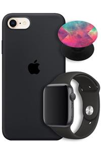 Apple Watch 2 44 Mm Silikon Kordon + Iphone Se 2020 Uyumlu Lansman Logolu Siyah Kılıf + Popsocket