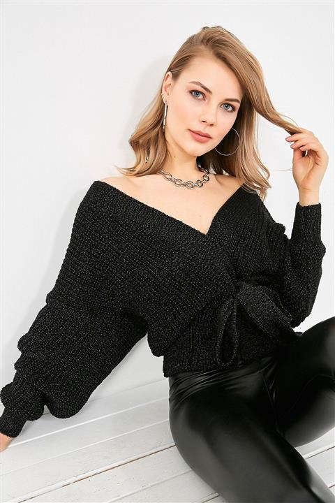 Vis a Vis Kadın Kırçıllı Siyah Bağlamalı Kruvaze Hırka  20KHI503K135