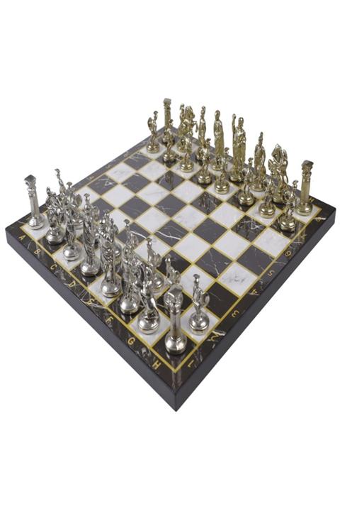 CİMCİME OYUNCAK Kl-rml4 Lüks Satranç Takımı Krom Kaplama Roma Lejyonları Gold Set & Siyah Mermer Desenli Tahta