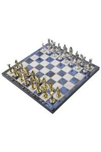 elife Lüks Metal Satranç Takımı Krom Kaplama Sparta vs. Pers Ordusu & Gök Mavi Mermer Desenli Tahta