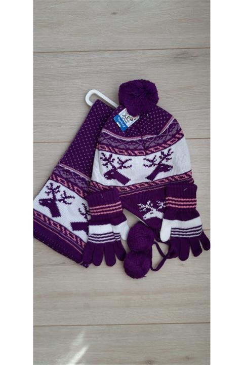 Demas Triko Kız Çocuk Mor 3'lü Bere Atkı Eldiven Takım